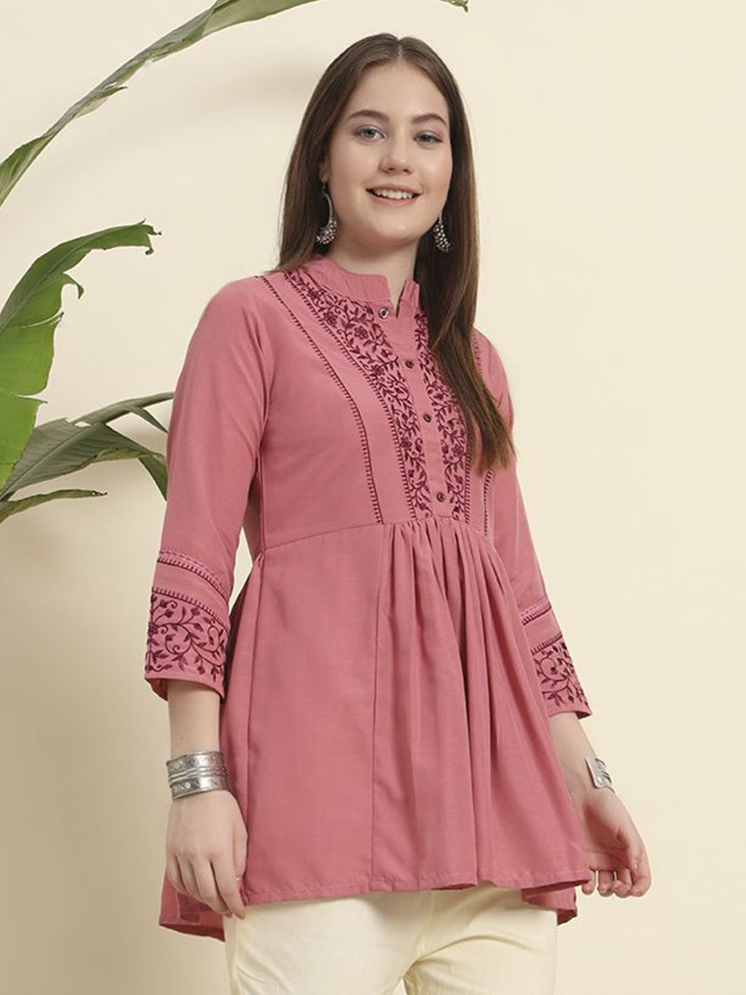 Tunik KALINI Wanita Viskos Rayon Leher Mandarin Bersulam