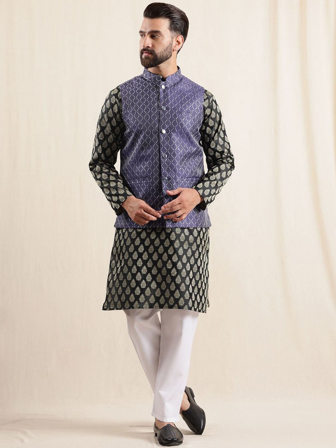 Anouk Geometric Printed Band Collar Straight Kurta With Pyjama And Nehru jacket