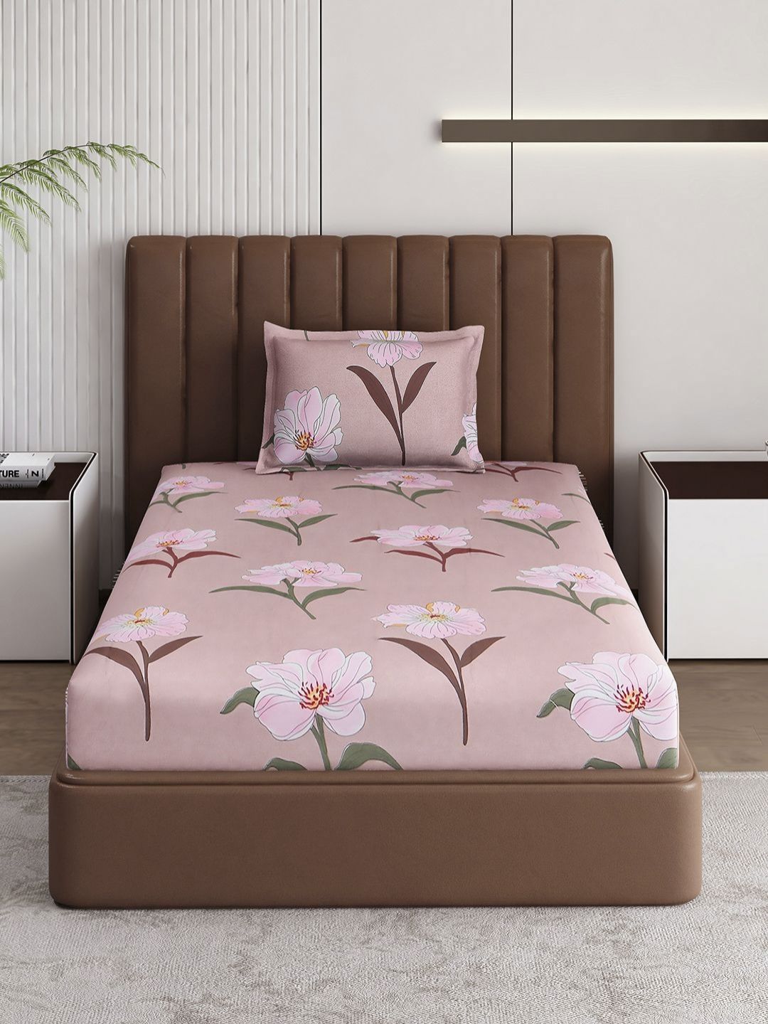 Monte Carlo Pixel Pink & Green Floral Printed 120 TC Single Bedsheet Set 1.52 m x 2.30 m