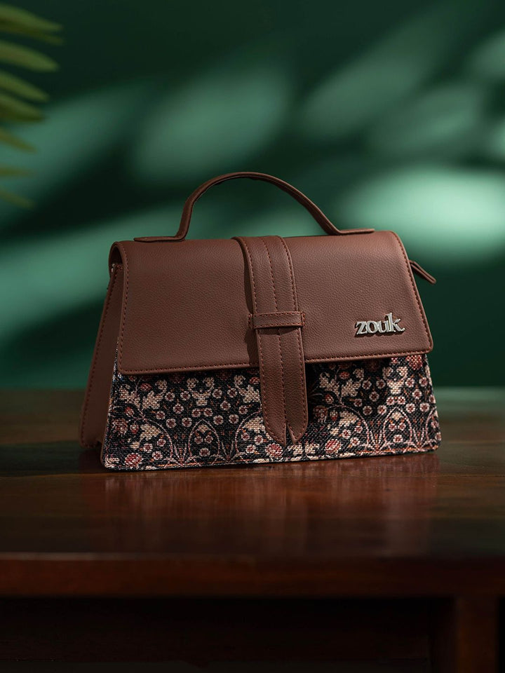 ZOUK Floral Printed Structured Satchel with Cut Work