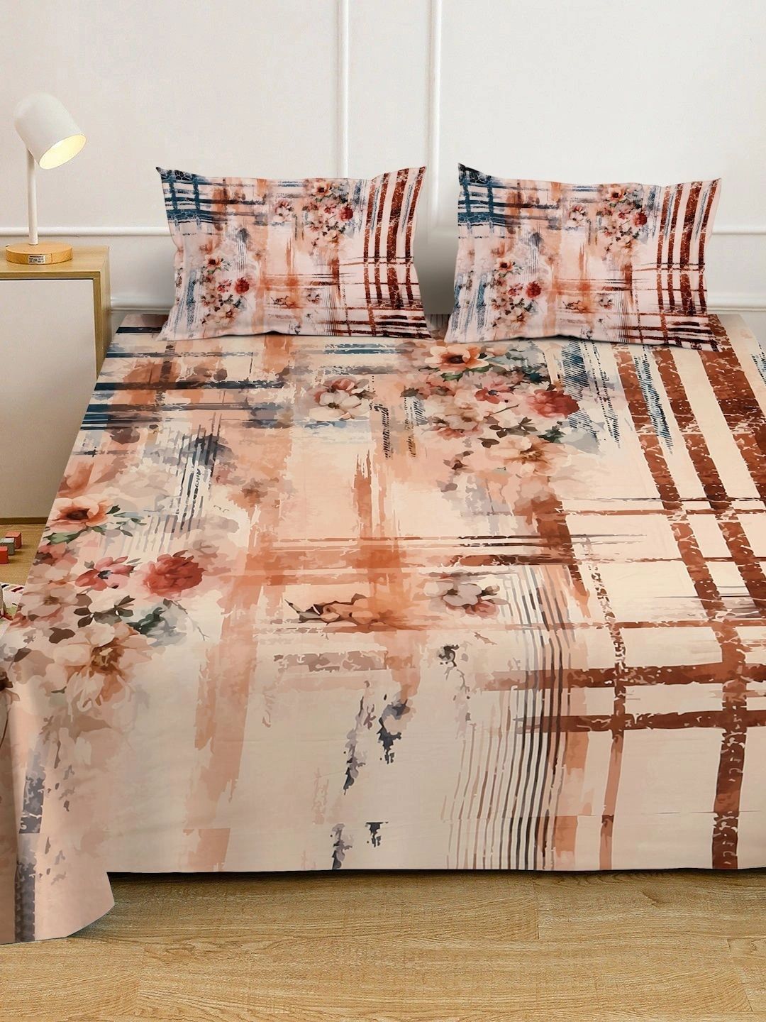 Myntra Elegant Homes Beige & Brown Floral 300 TC Cadar Katil King dengan 2 Sarung Bantal