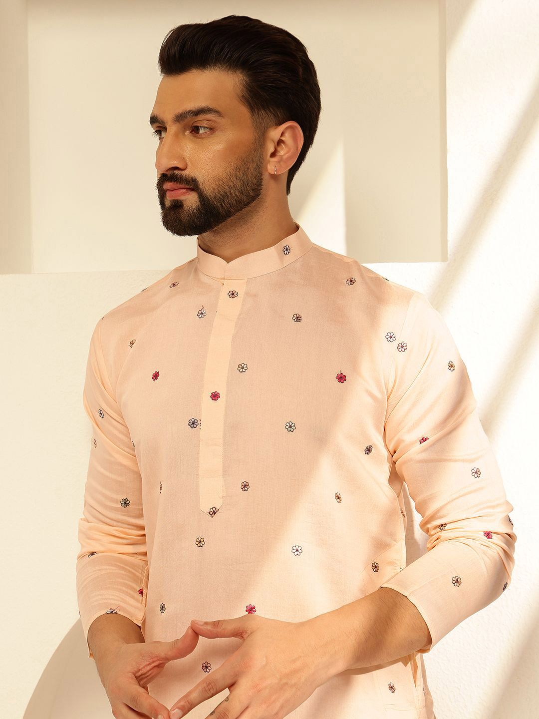 SOJANYA Floral Embroidered Mandarin Collar Thread Work Cotton Silk Straight Kurta