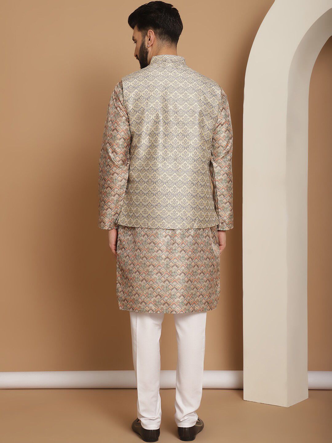Anouk Beige Woven Design Striped Regular Straight Kurta With Churidar