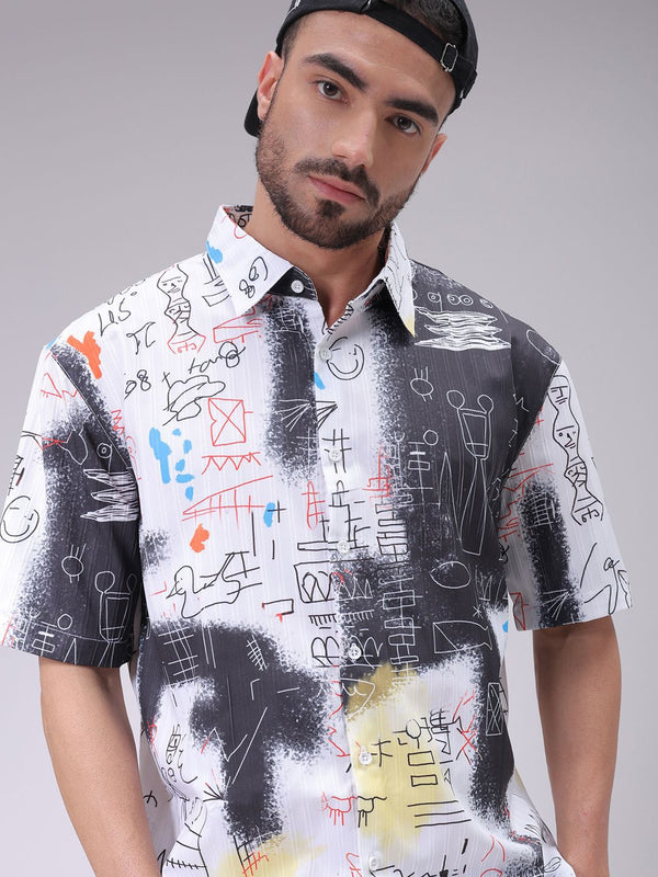 The Indian Garage Co Men Cutaway Collar Abstract Printed Boxy Fit Resortwear Shirt