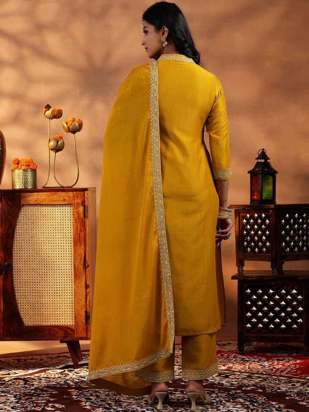 Libas Floral Embroidered Zari Yoke Design Panelled A Line Kurta with Palazzos & Dupatta
