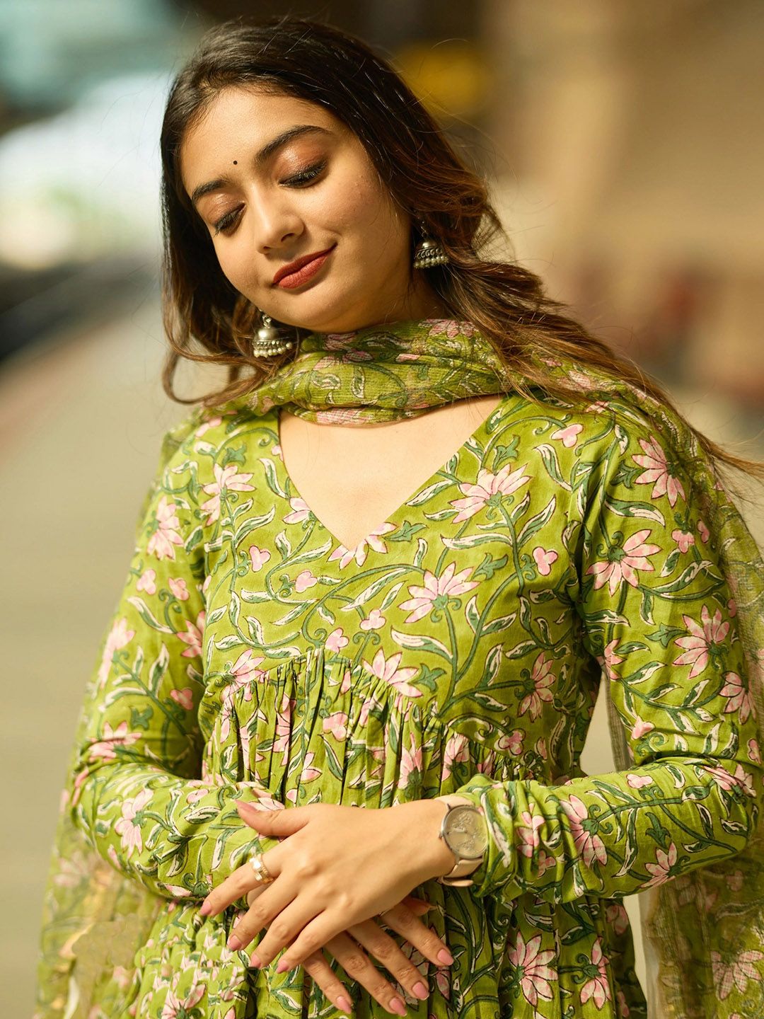 KALINI Women Floral Printed Anarkali Kurta with Trousers & Dupatta