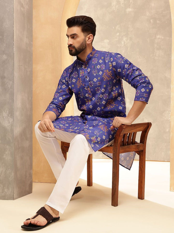 SOJANYA Ethnic Motifs Printed Band Collar Cotton Linen Straight Kurta