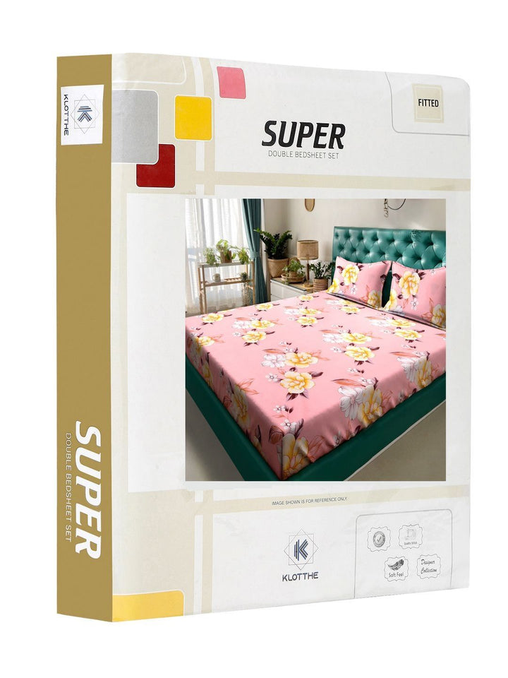 KLOTTHE Pink Floral Cotton 300 TC Fitted King Fine Bedsheet dengan 2 Sarung Bantal-98 x 89 inci
