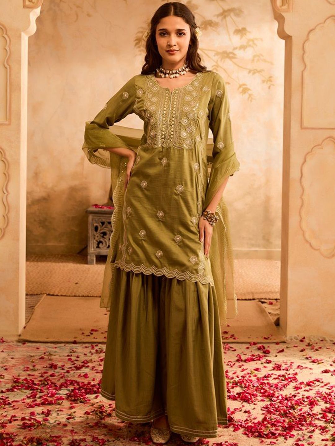 Bani Women Floral Embroidered Sequinned Straight Kurta with Palazzos & Dupatta