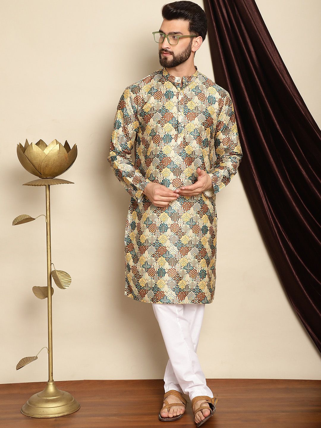 Anouk Ethnic Motifs Printed Band Collar Kurta with Churidar