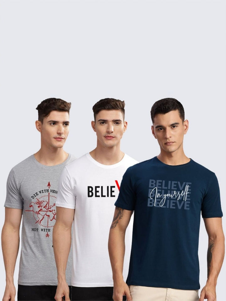 ADRO  Pack of 3 Printed Round Neck Cotton T-shirt