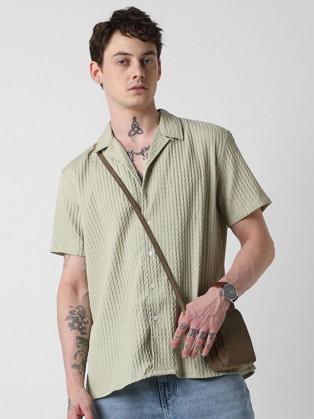 VASTRADO Men Classic Cuban Collar Popcorn Texture Oversized Casual Shirt