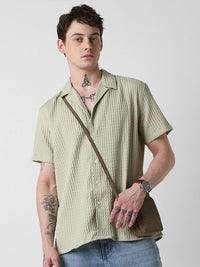 VASTRADO Men Classic Cuban Collar Popcorn Texture Oversized Casual Shirt