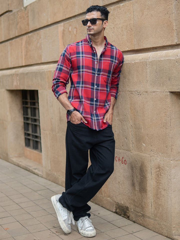 Powerlook Men Tartan Checked Button-Down Collar Pure Cotton Casual Shirt