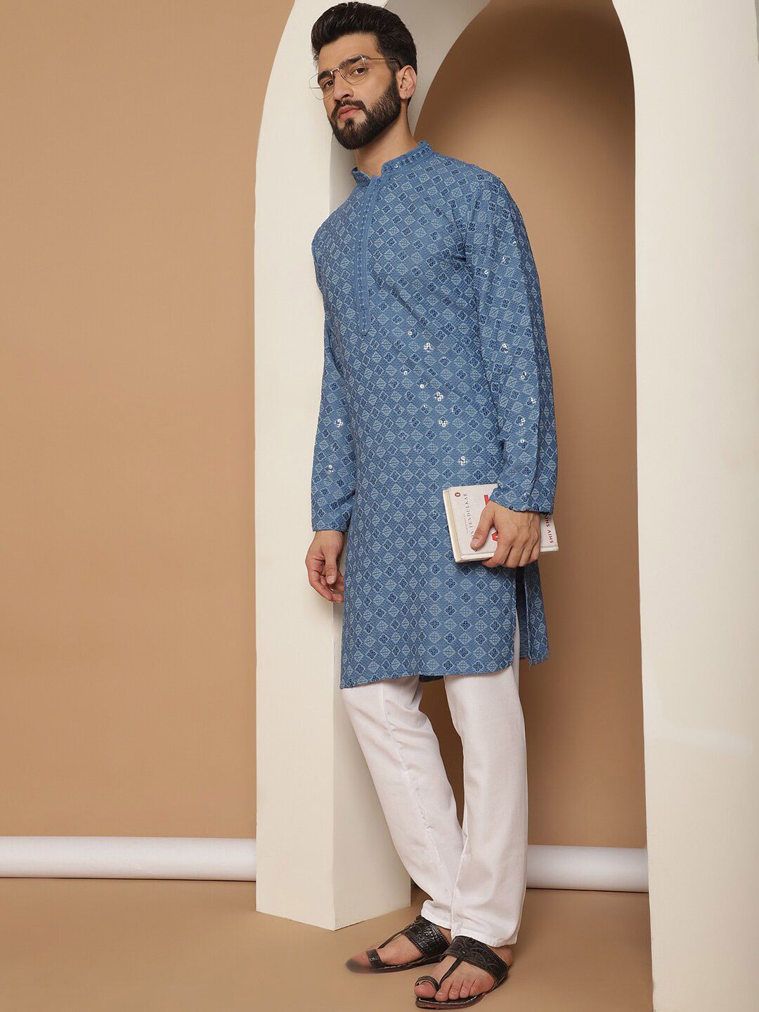Anouk Blue Embroidered Regular Thread Work Pure Cotton Kurta With Churidar