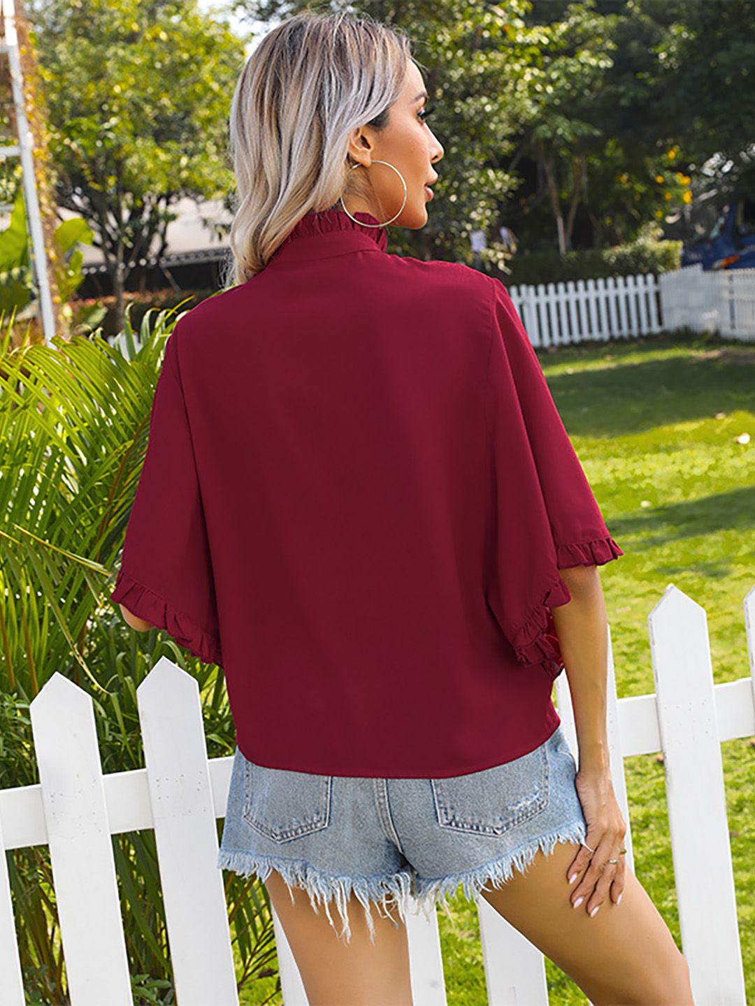 DressBerry Mandarin Collar Flared Sleeve Shirt Style Top