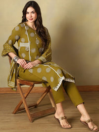 Mamicha Women Ethnic Motifs Printed Regular Mirror Work Pure Cotton Kurta with Trousers & With Dupatta