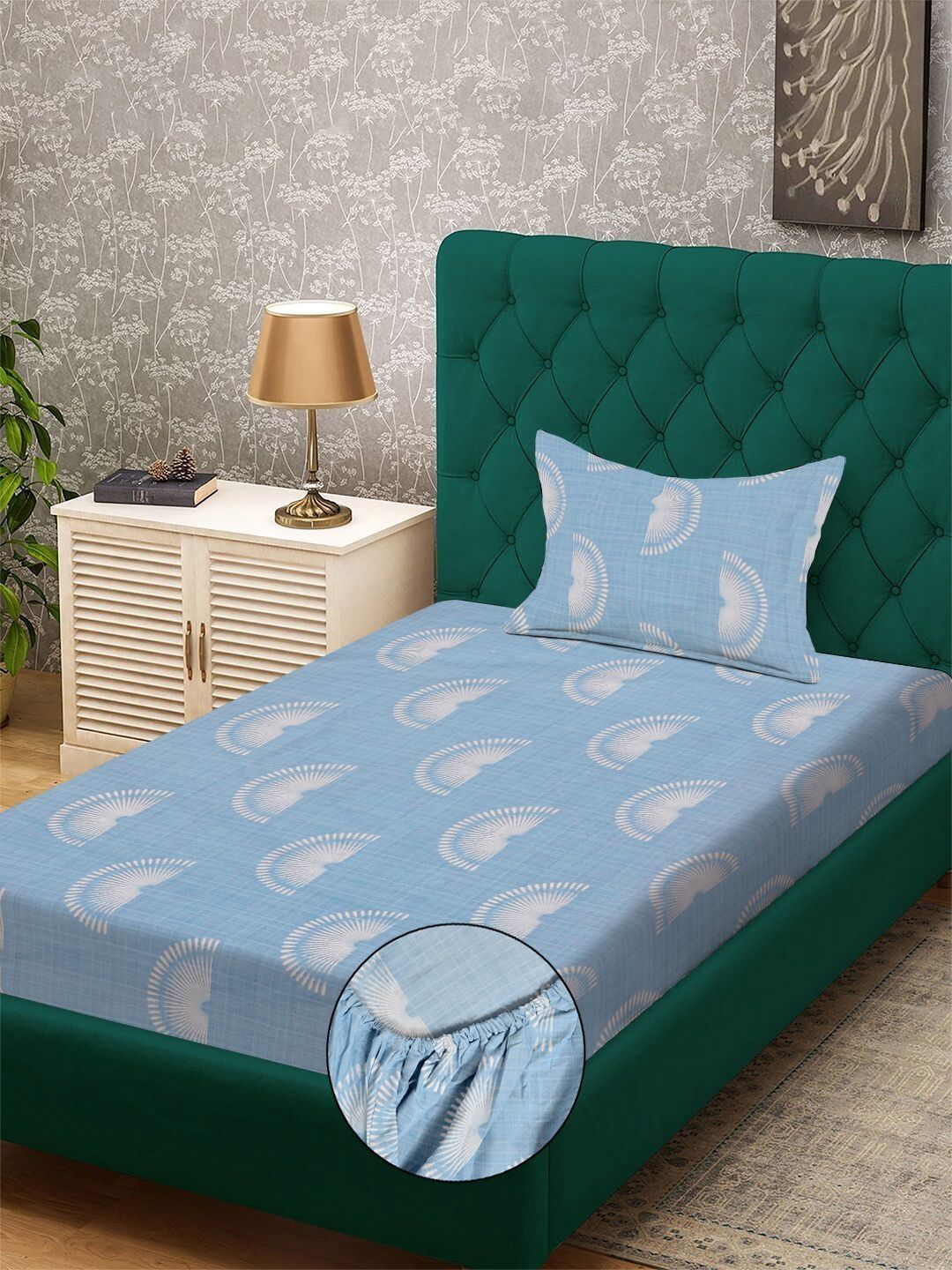Blue & Cream-Coloured Printed 300 TC Single Bedsheet With Pillow Cover