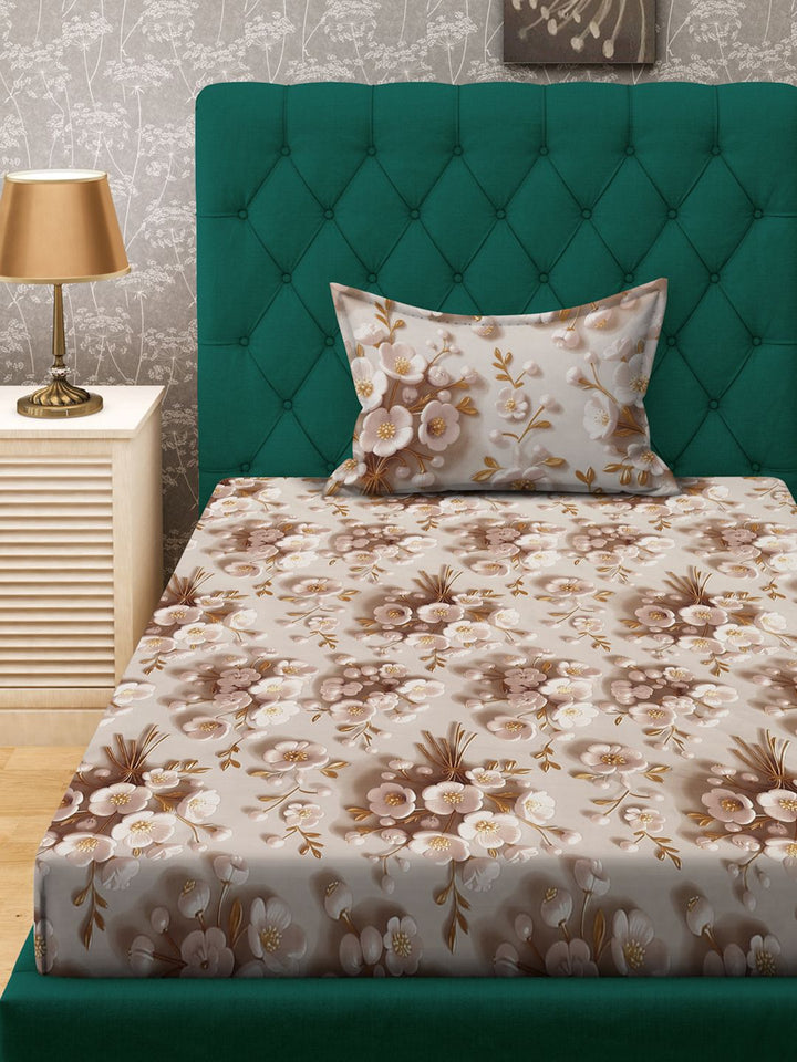 KLOTTHE Cream & Brown Floral Printed Flat 300 TC Single 7D Bedsheet With Pillow Cover