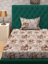 KLOTTHE Cream & Brown Floral Printed Flat 300 TC Single 7D Bedsheet With Pillow Cover