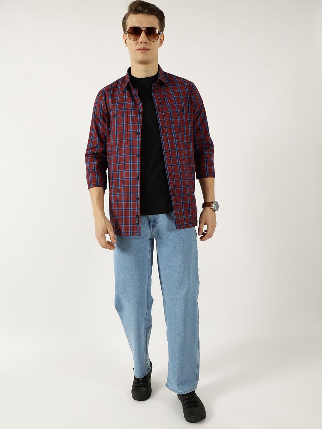 Thomas Scott Men Classic Fit Spread Collar Windowpane Checked Cotton Casual Shirt