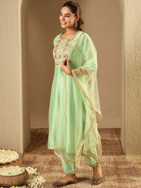 Indo Era Floral Embroidered Chanderi Silk Straight Kurta With Trousers & Dupatta