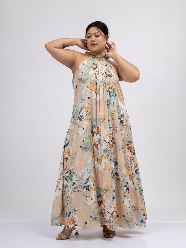 Pakaian Maxi Satin Leher Halter Bercetak Bunga Mamicha Wanita