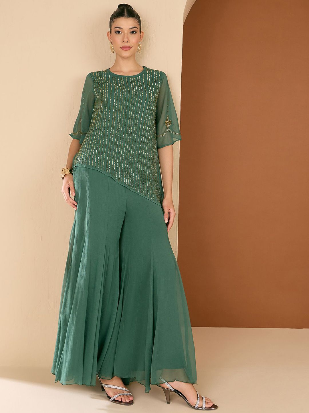 Antheaa Embellished  Round Neck Top & Palazzo Co-Ords