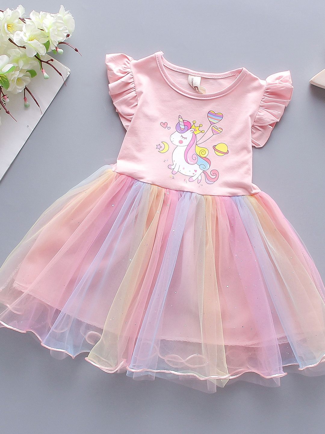 YK Flutter Sleeve Fit & Flare Dress