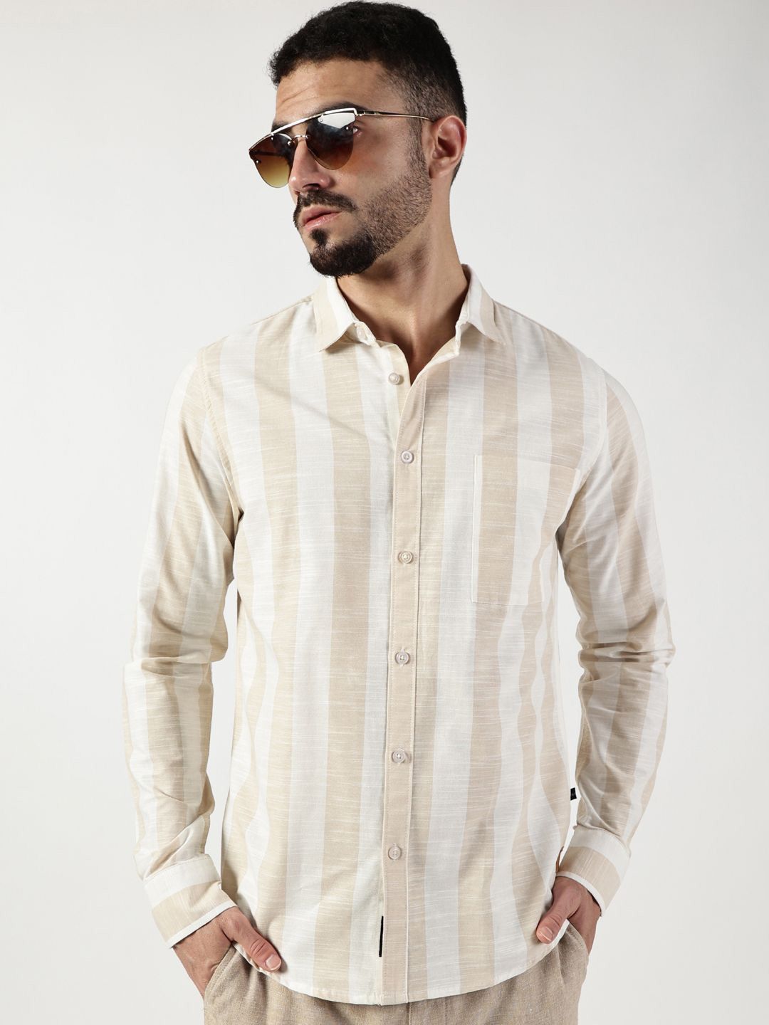 Thomas Scott Men Premium Spread Collar Vertical Striped Cotton Slim Fit Casual Shirt