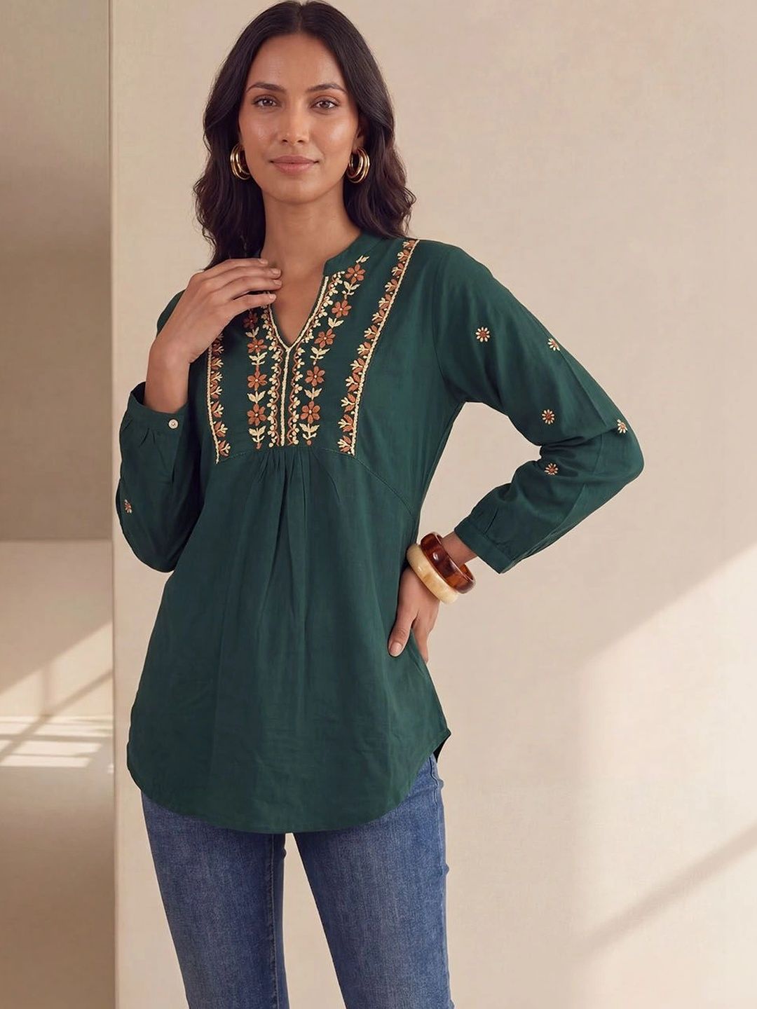 House of Chikankari Floral Embroidered Ethnic Cotton Top