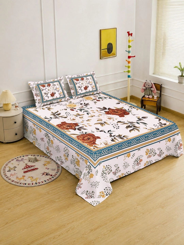 Myntra Elegant Homes White & Red Floral 400 TC King Cadar dengan 2 Sarung Bantal