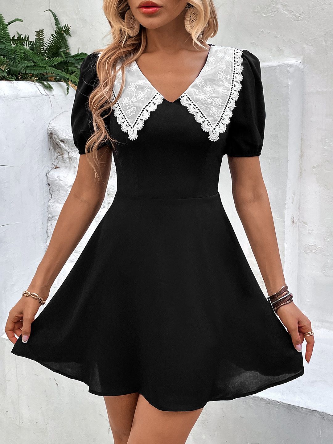 DressBerry Above the Keyboard Collar Puff Sleeve Fit & Flare Dress
