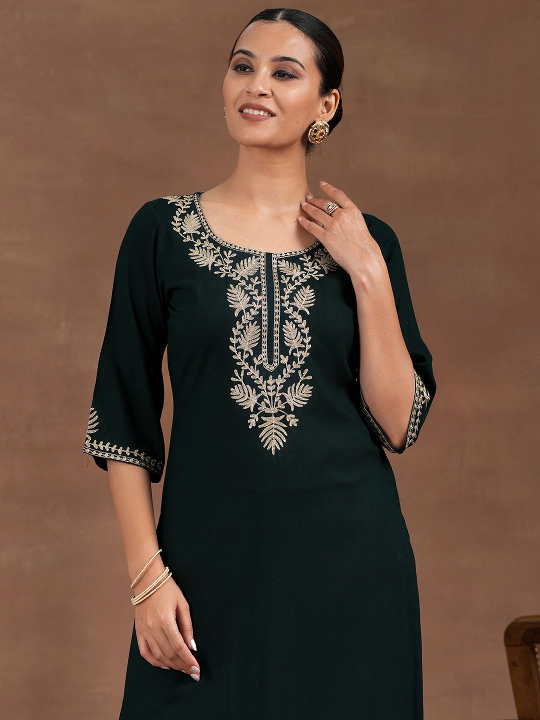 Libas Floral Embroidered Yoke Design Zari Straight Kurta with Trousers