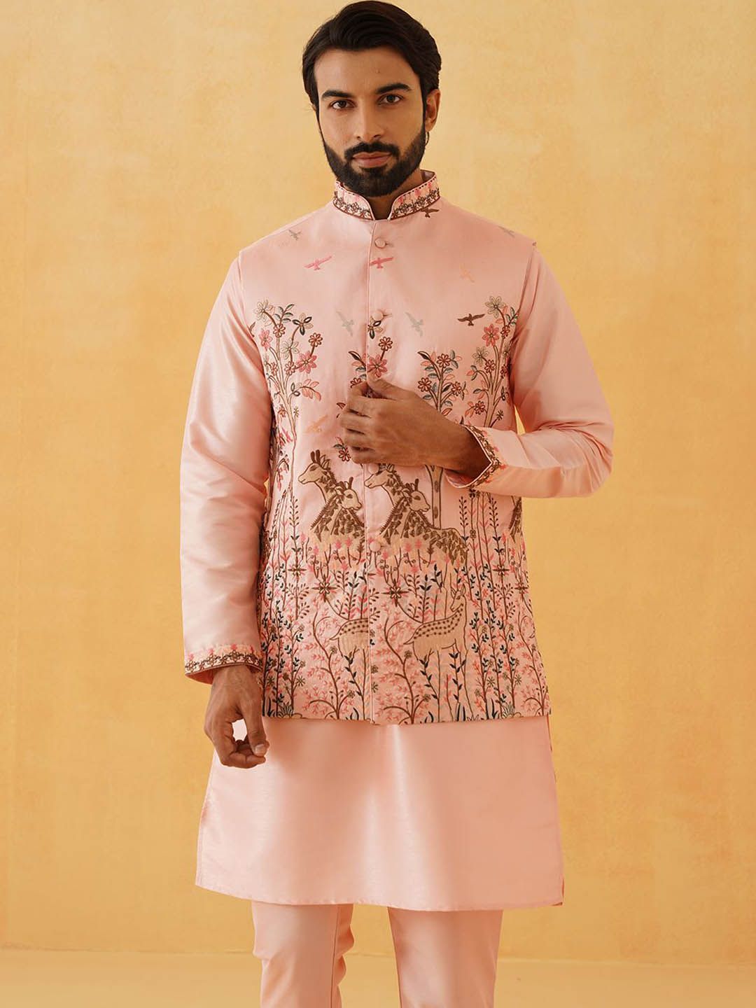 SOJANYA LUXE Thread Work Silk Cotton Straight Kurta with Churidar & Nehru Jacket