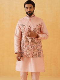 SOJANYA LUXE Thread Work Silk Cotton Straight Kurta with Churidar & Nehru Jacket