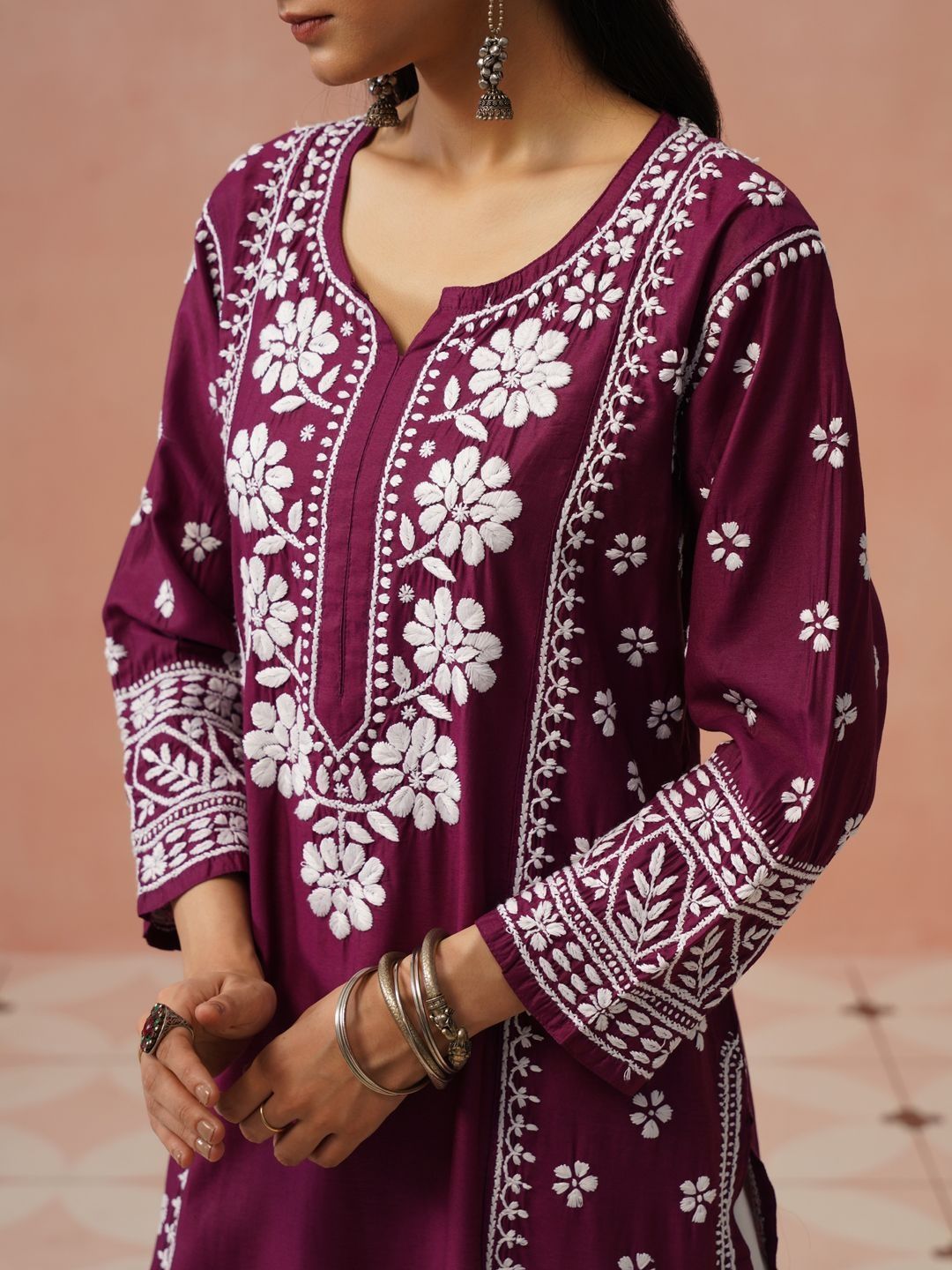 Rumah Wanita Chikankari Sulam Kurta Sutera Chanderi Chikankari