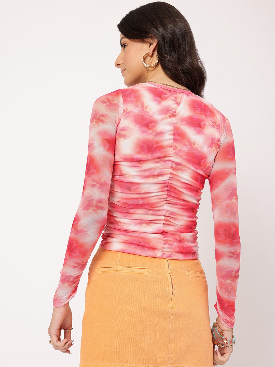 DressBerry Blank Canvas Tie & Dye Printed Ruched Net Top