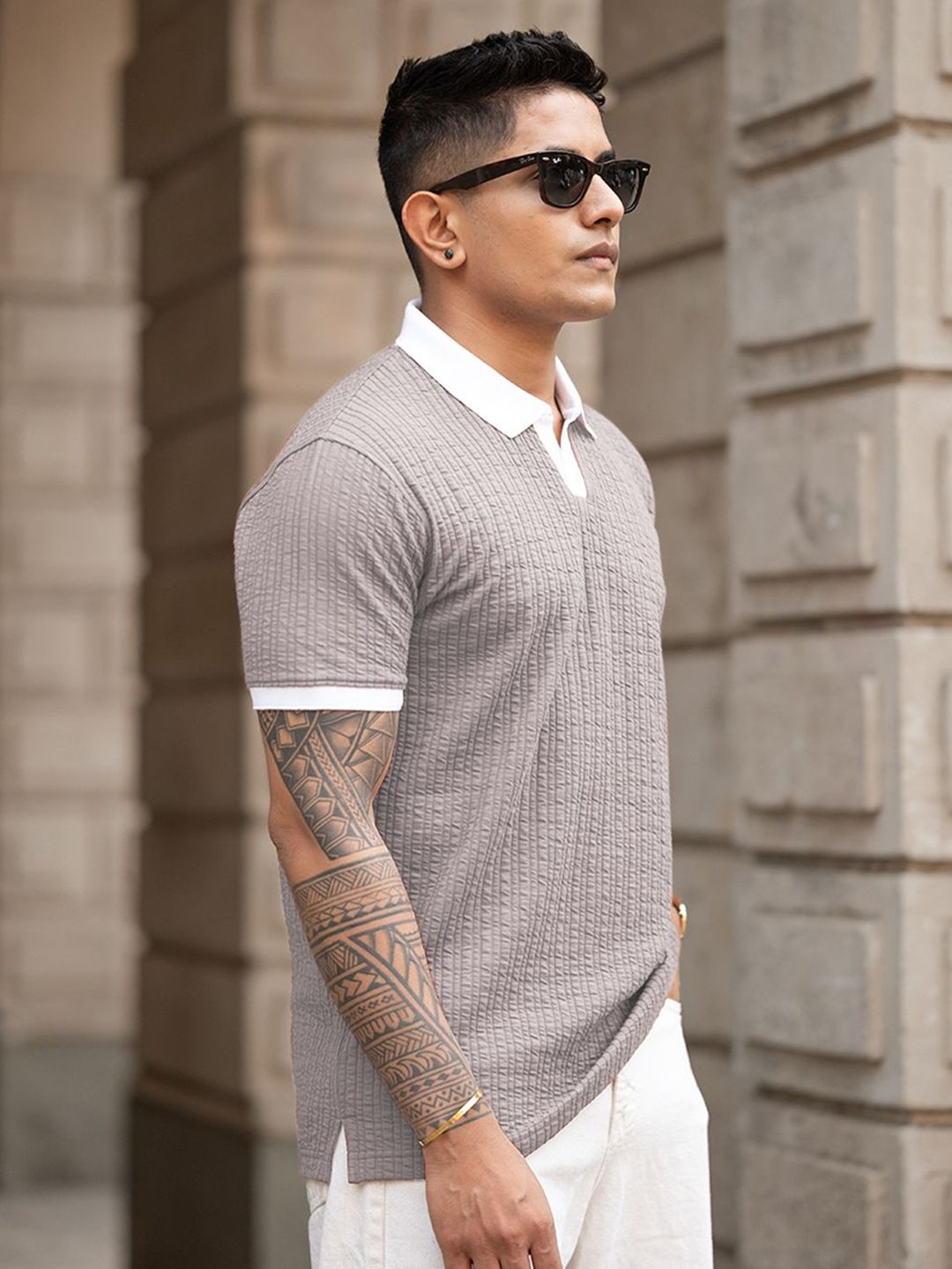 Powerlook Men Self Design Polo Collar Cotton T-shirt