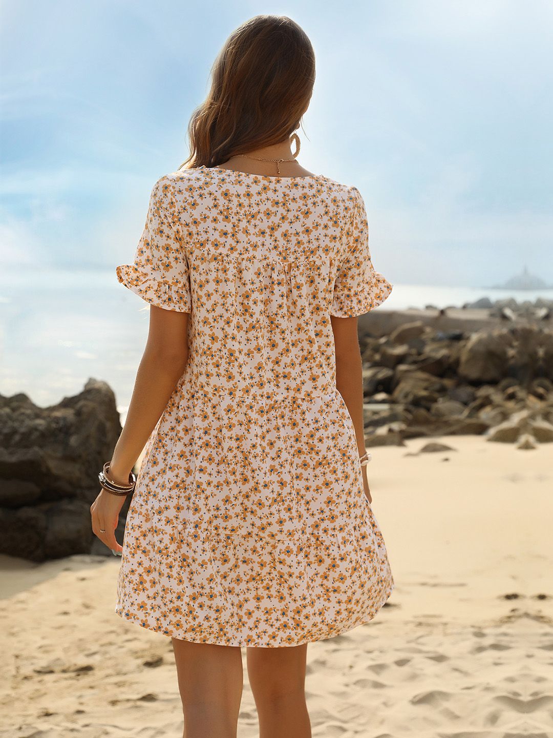 DressBerry Floral Print Bell Sleeve A-Line Mini Dress
