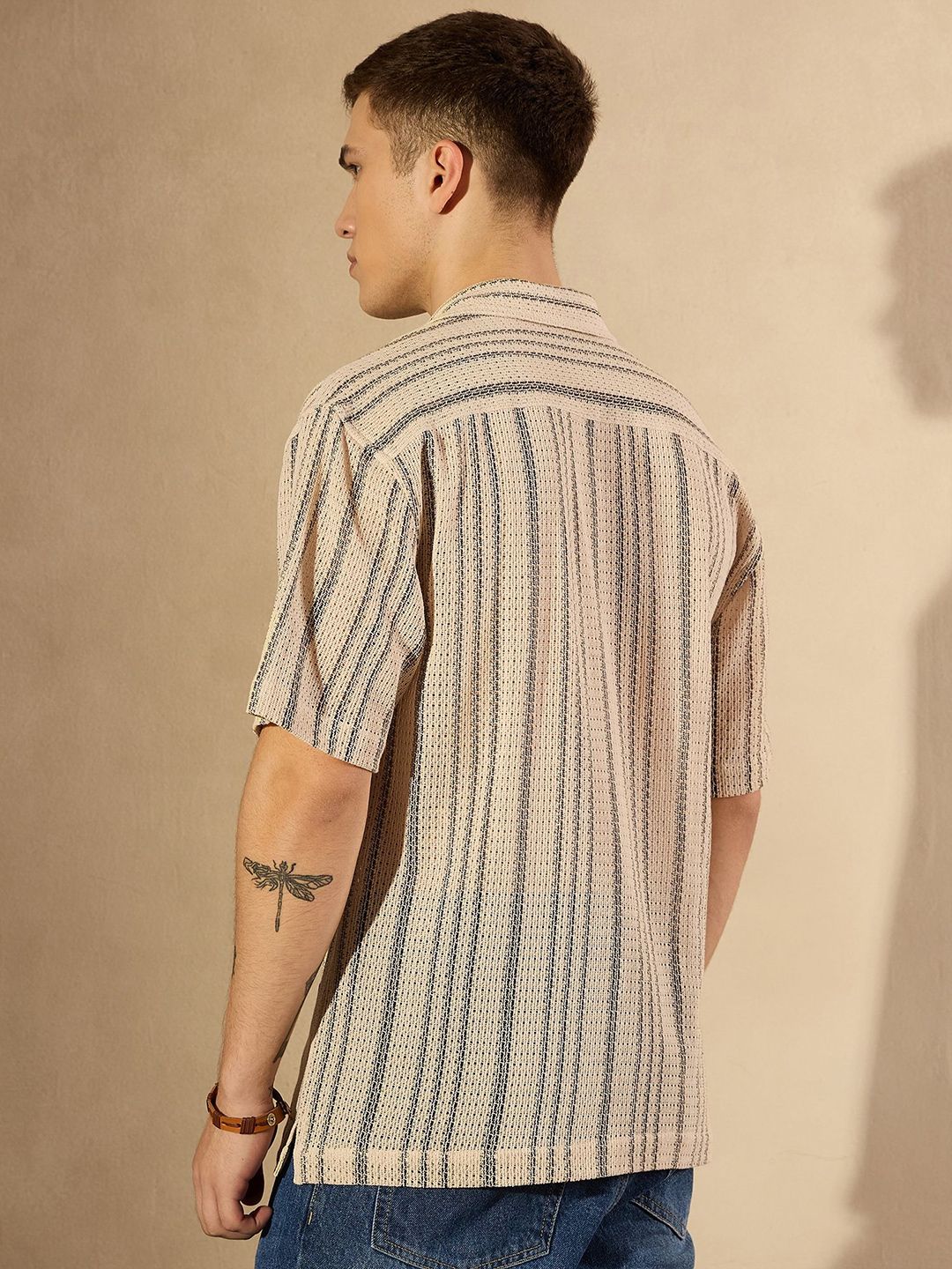DENNISON Men Smart Cuban Collar Striped Cotton Oversized Casual Shirt