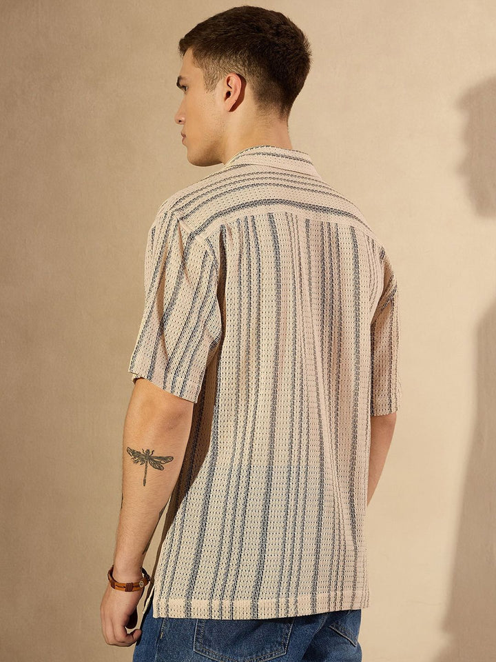 DENNISON Men Smart Cuban Collar Striped Cotton Oversized Casual Shirt