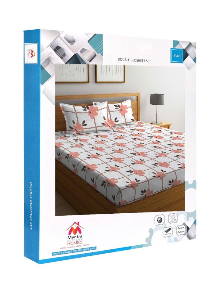 Myntra Elegant Homes White Floral Polycotton 300 TC King Fine Bedsheet with 2 Pillow Covers-59 x 87 inches