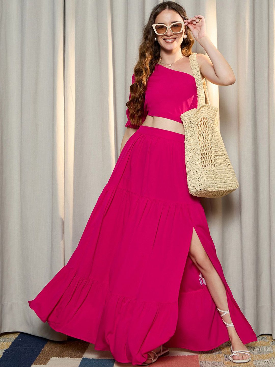 Berrylush Pink One Shoulder Crop Top With Skirt