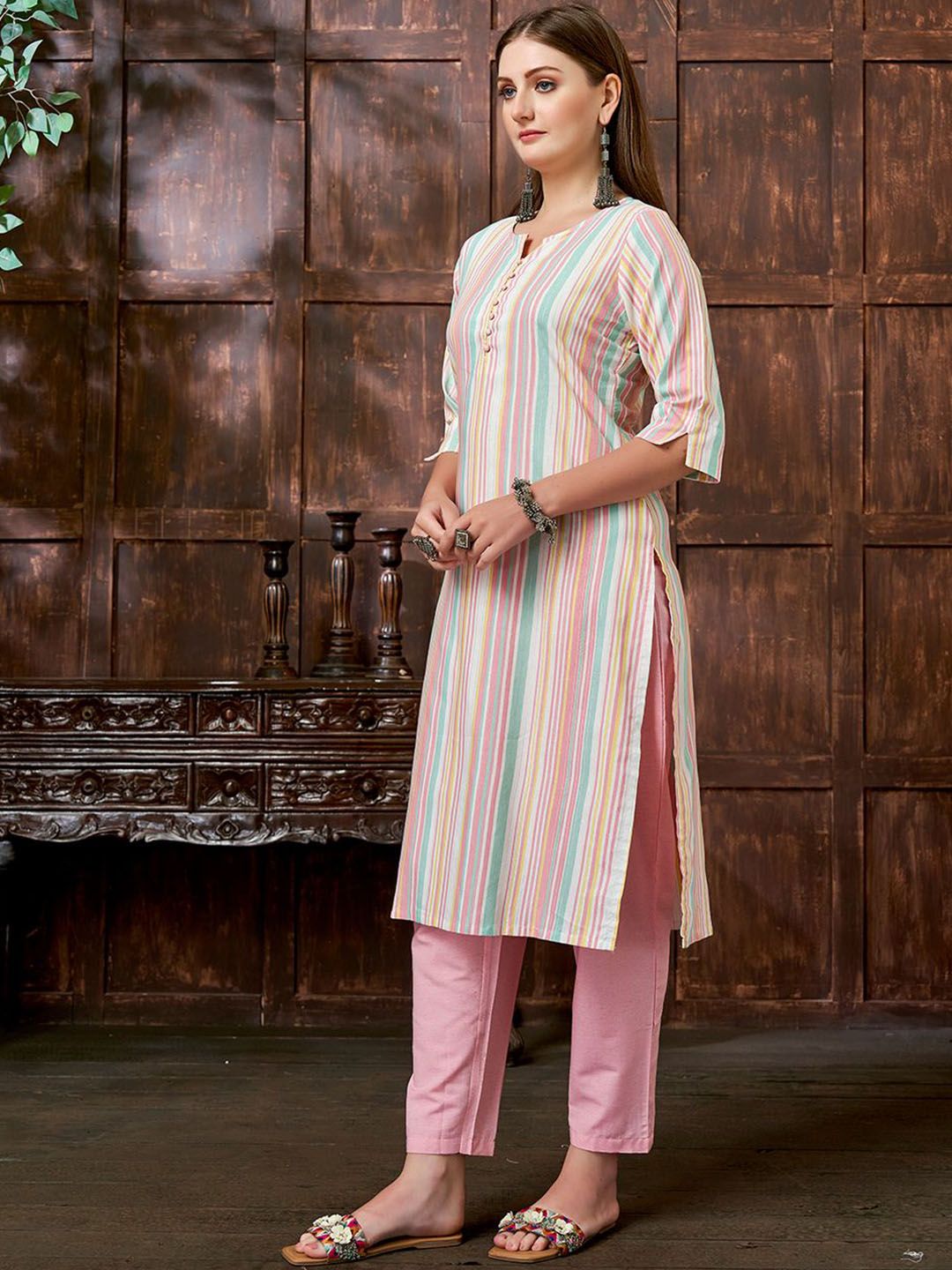 KALINI Striped Straight Kurta With Trouser