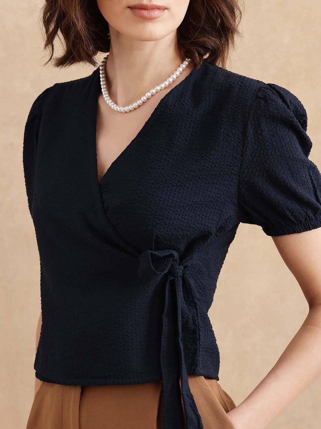 RAREISM Puff Sleeve Cotton Wrap Top
