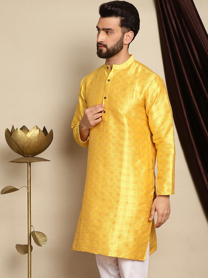 Anouk Yellow Ethnic Motifs Woven Design Mandarin Collar Straight Jaquard Silk Kurta