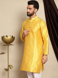 Anouk Yellow Ethnic Motifs Woven Design Mandarin Collar Straight Jaquard Silk Kurta