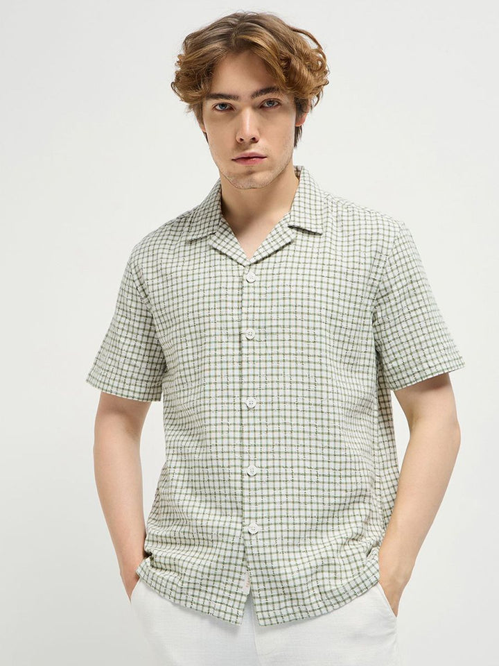 THE BEAR HOUSE Men Cuban Collar Micro Checked Cotton Casual Shirt