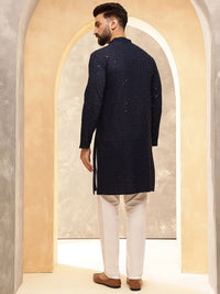 Anouk Navy Blue Geometric Embroidered Sequinned Pure Cotton Straight Kurta With Pyjamas